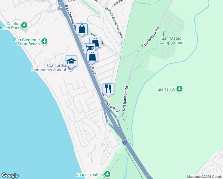 map of restaurants, bars, coffee shops, grocery stores, and more near 114 Avenida Santa Margarita in San Clemente