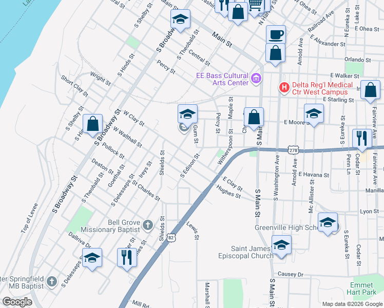 map of restaurants, bars, coffee shops, grocery stores, and more near 609 East Clay Street in Greenville