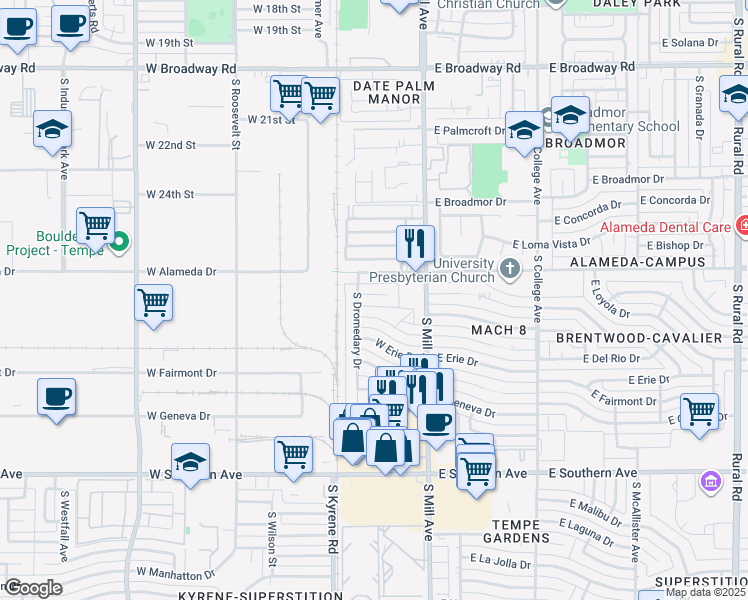 map of restaurants, bars, coffee shops, grocery stores, and more near 121 West Balboa Drive in Tempe