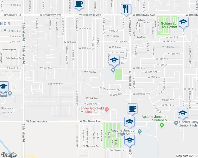 map of restaurants, bars, coffee shops, grocery stores, and more near 1973 West 18th Avenue in Apache Junction