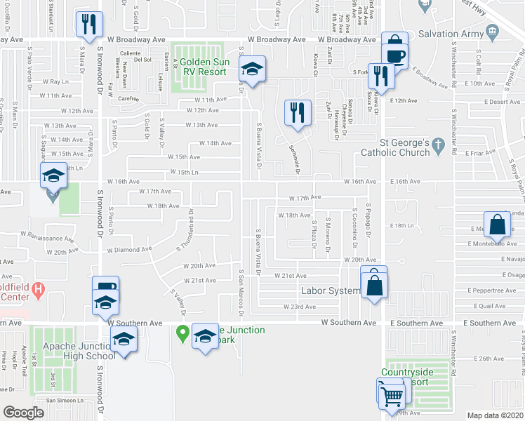 map of restaurants, bars, coffee shops, grocery stores, and more near 1751 South Buena Vista Drive in Apache Junction