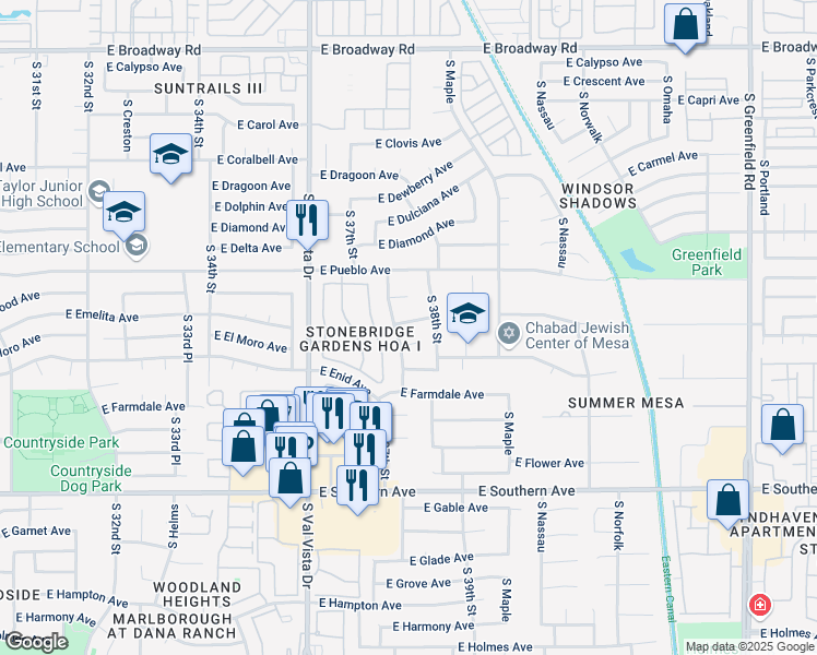 map of restaurants, bars, coffee shops, grocery stores, and more near 3731 East Edgewood Avenue in Mesa