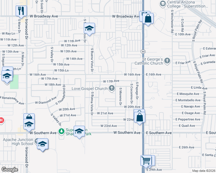 map of restaurants, bars, coffee shops, grocery stores, and more near 542 West 18th Avenue in Apache Junction