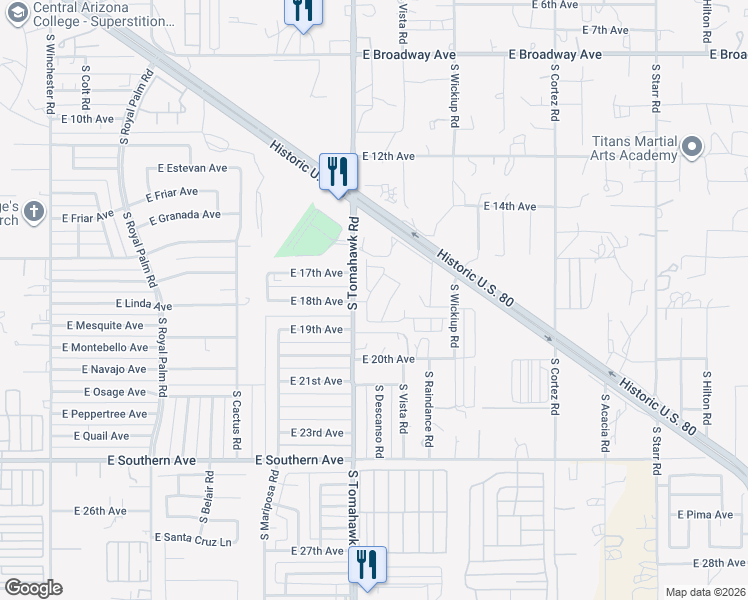 map of restaurants, bars, coffee shops, grocery stores, and more near 1765 South Descanso Road in Apache Junction