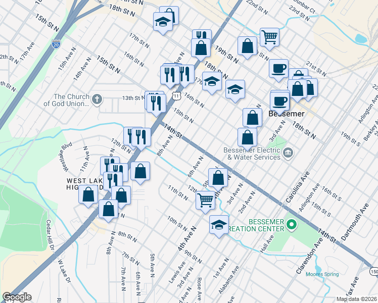 map of restaurants, bars, coffee shops, grocery stores, and more near 1315 9th Avenue North in Bessemer