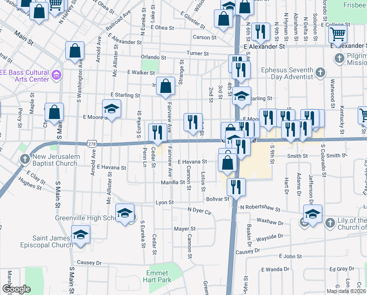map of restaurants, bars, coffee shops, grocery stores, and more near 633 U.S. 82 in Greenville