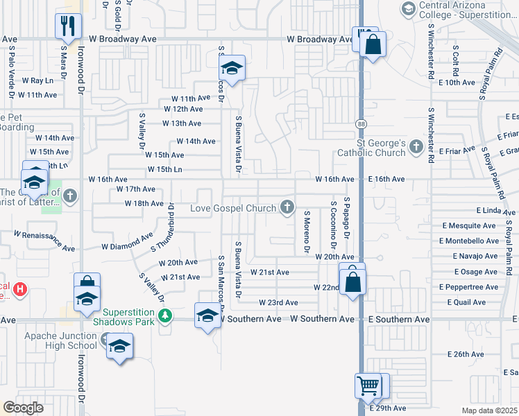 map of restaurants, bars, coffee shops, grocery stores, and more near 542 West 18th Avenue in Apache Junction
