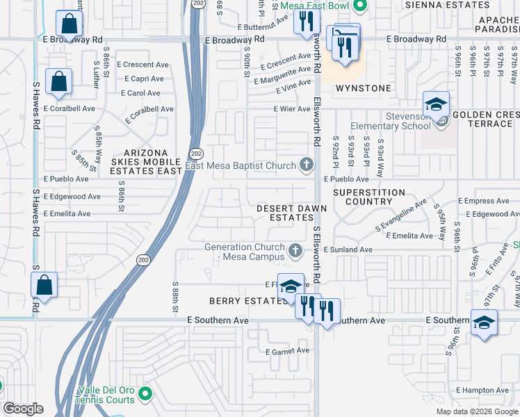 map of restaurants, bars, coffee shops, grocery stores, and more near 9047 East Ellasar Avenue in Mesa