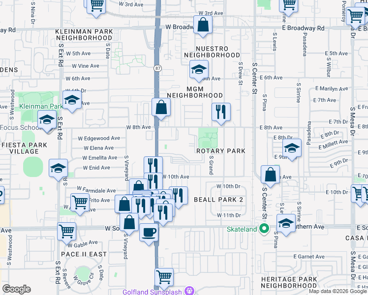 map of restaurants, bars, coffee shops, grocery stores, and more near Tuscany Palms Apartments in Mesa