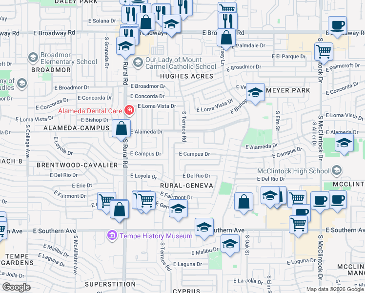 map of restaurants, bars, coffee shops, grocery stores, and more near in Tempe
