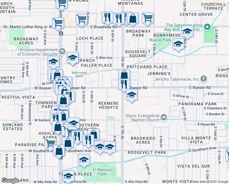 map of restaurants, bars, coffee shops, grocery stores, and more near 5211 South 5th Street in Phoenix