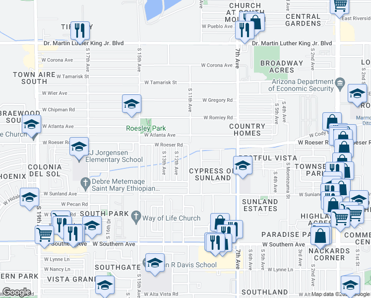 map of restaurants, bars, coffee shops, grocery stores, and more near 5205 South 11th Avenue in Phoenix
