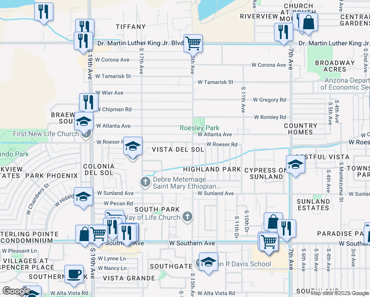 map of restaurants, bars, coffee shops, grocery stores, and more near 5213 South 15th Avenue in Phoenix