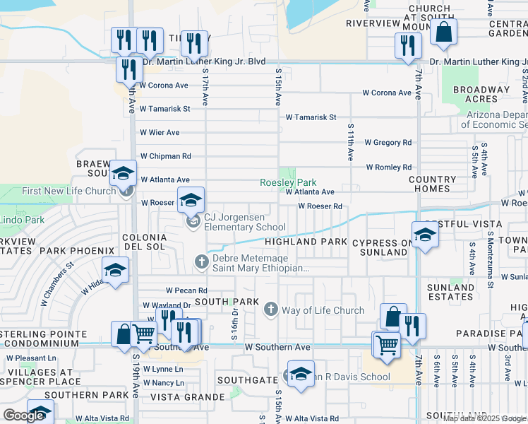 map of restaurants, bars, coffee shops, grocery stores, and more near 1526 West Grove Street in Phoenix