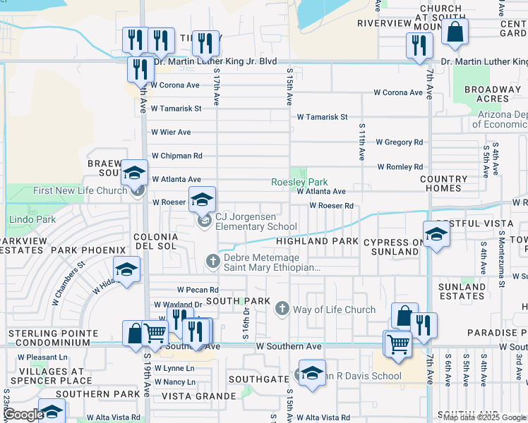map of restaurants, bars, coffee shops, grocery stores, and more near 1526 West Grove Street in Phoenix