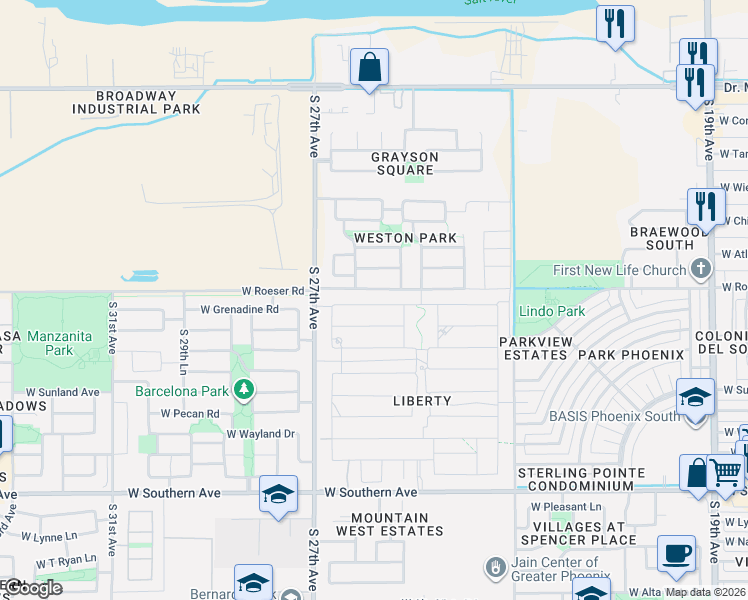 map of restaurants, bars, coffee shops, grocery stores, and more near 2610 West Grenadine Road in Phoenix