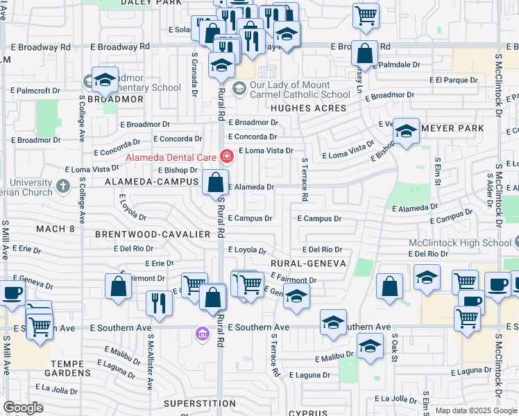 map of restaurants, bars, coffee shops, grocery stores, and more near 1021 East Balboa Circle in Tempe
