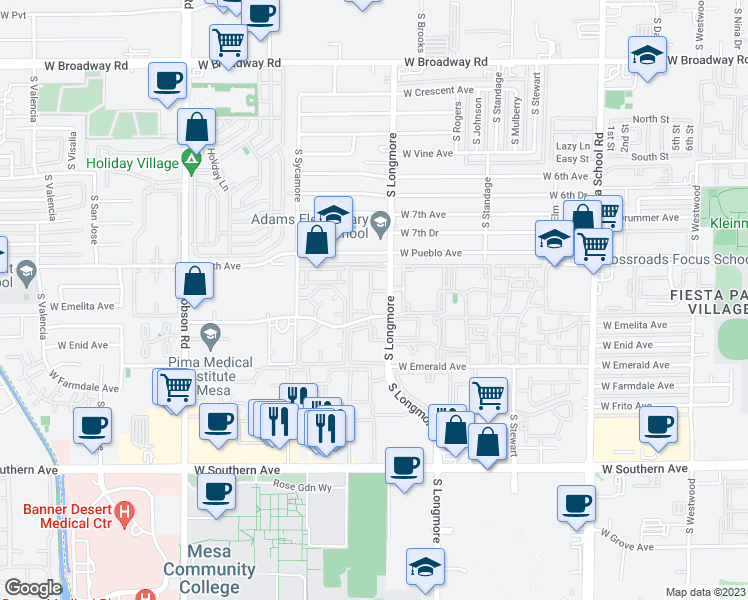 map of restaurants, bars, coffee shops, grocery stores, and more near 850 South Longmore in Mesa