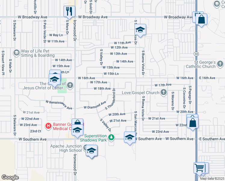 map of restaurants, bars, coffee shops, grocery stores, and more near 1113 West 18th Avenue in Apache Junction