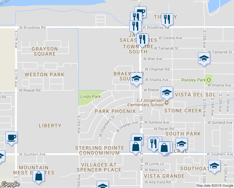map of restaurants, bars, coffee shops, grocery stores, and more near 2053 West Roeser Road in Phoenix