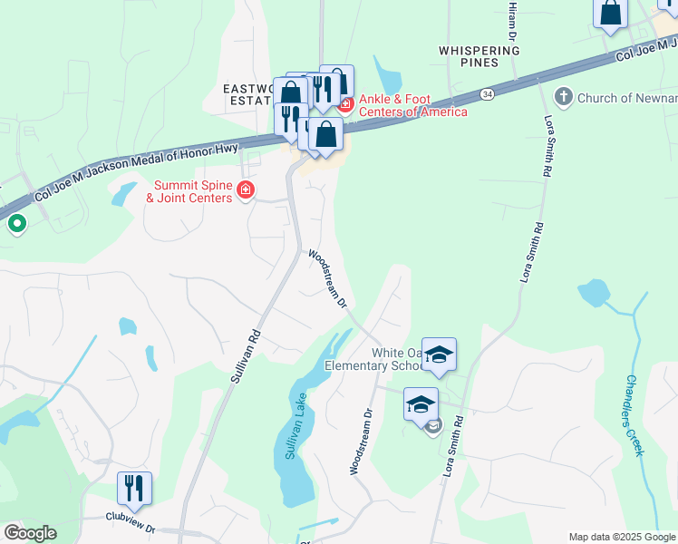 map of restaurants, bars, coffee shops, grocery stores, and more near 24 Woodstream Drive in Newnan