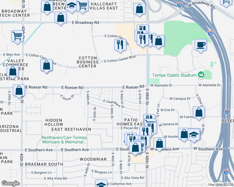 map of restaurants, bars, coffee shops, grocery stores, and more near 4631 East Roeser Road in Phoenix