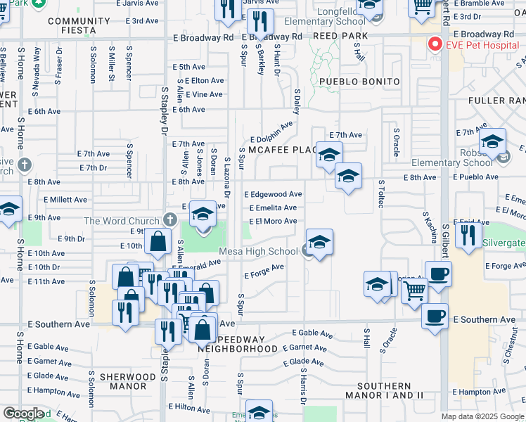map of restaurants, bars, coffee shops, grocery stores, and more near 1455 East Emelita Avenue in Mesa