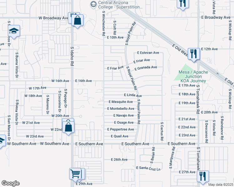 map of restaurants, bars, coffee shops, grocery stores, and more near 530 East Linda Avenue in Apache Junction