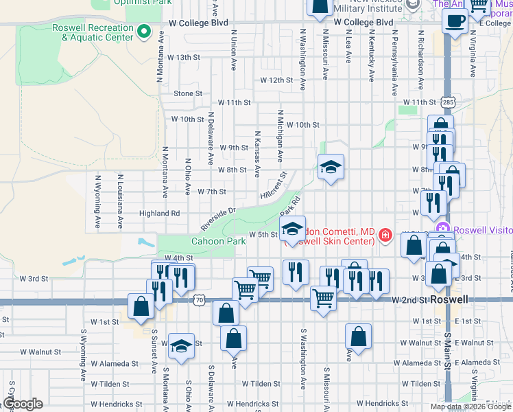 map of restaurants, bars, coffee shops, grocery stores, and more near 17 Riverside Drive in Roswell