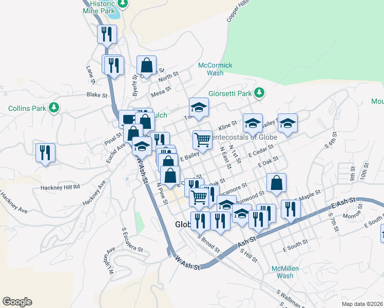 map of restaurants, bars, coffee shops, grocery stores, and more near 380 North Devereaux Street in Globe