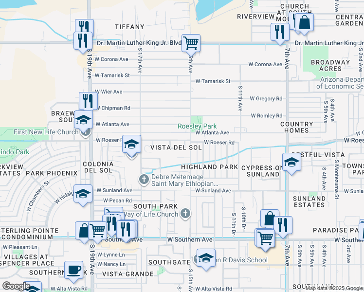 map of restaurants, bars, coffee shops, grocery stores, and more near 1510 West Grove Street in Phoenix