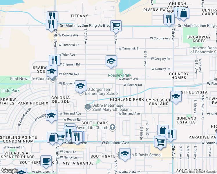 map of restaurants, bars, coffee shops, grocery stores, and more near 1518 West Grove Street in Phoenix