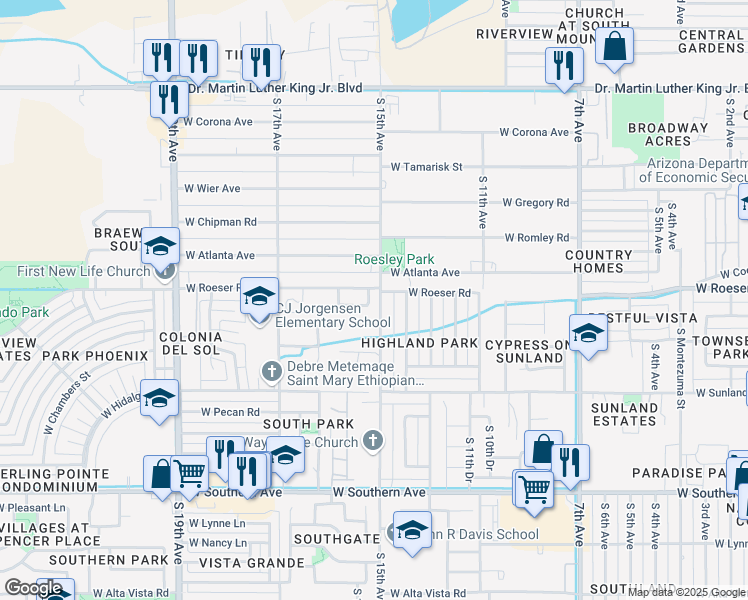 map of restaurants, bars, coffee shops, grocery stores, and more near 5207 South 15th Drive in Phoenix