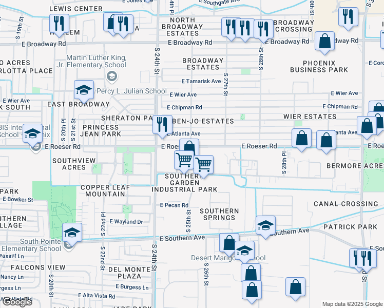 map of restaurants, bars, coffee shops, grocery stores, and more near 2451 East Roeser Road in Phoenix