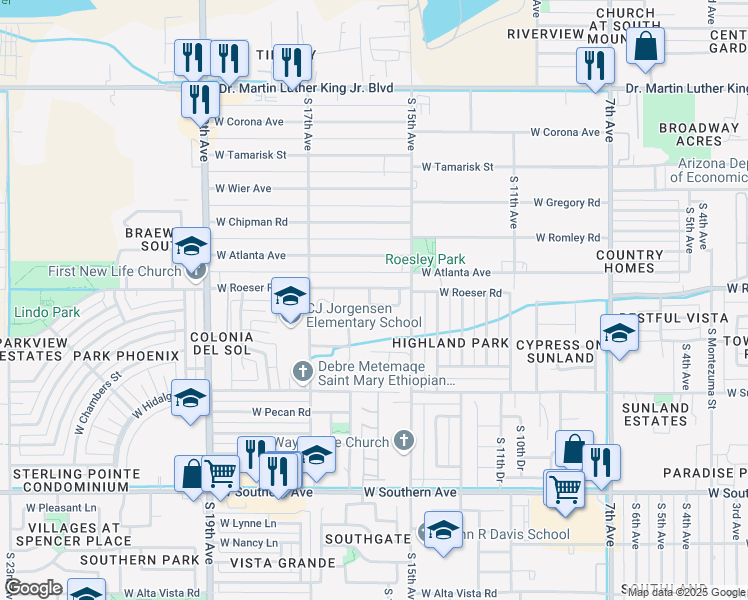 map of restaurants, bars, coffee shops, grocery stores, and more near 1530 West Grove Street in Phoenix