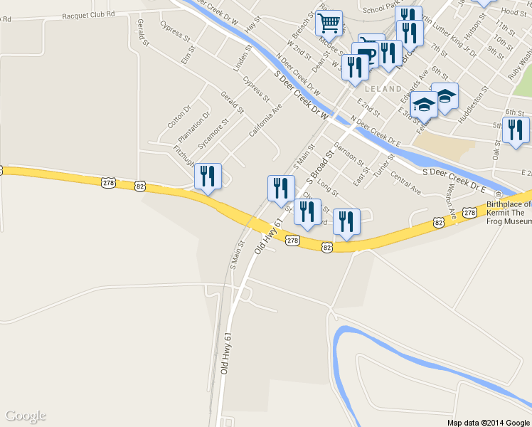 map of restaurants, bars, coffee shops, grocery stores, and more near 613 South Main Street in Leland
