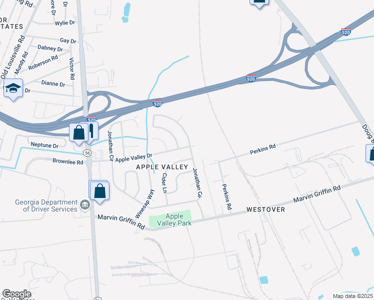 map of restaurants, bars, coffee shops, grocery stores, and more near 1602 Apple Valley Drive in Augusta
