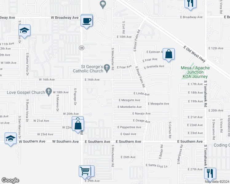 map of restaurants, bars, coffee shops, grocery stores, and more near 422 East Linda Avenue in Apache Junction