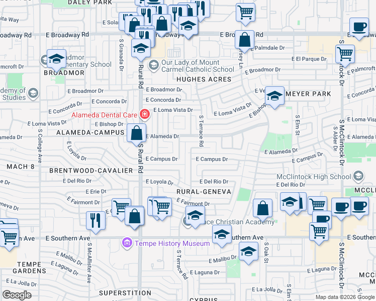 map of restaurants, bars, coffee shops, grocery stores, and more near 2716 South Terrace Road in Tempe