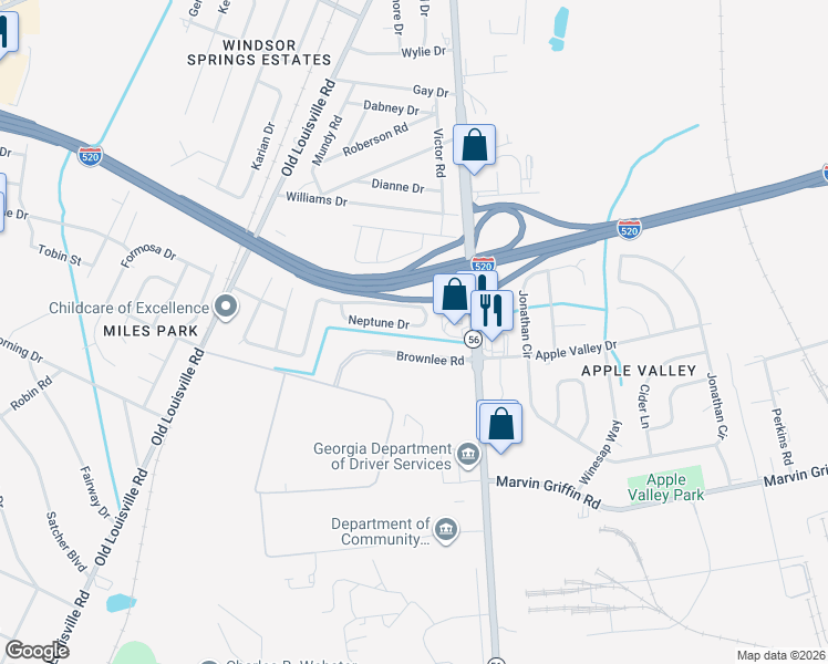 map of restaurants, bars, coffee shops, grocery stores, and more near 1909 Neptune Drive in Augusta