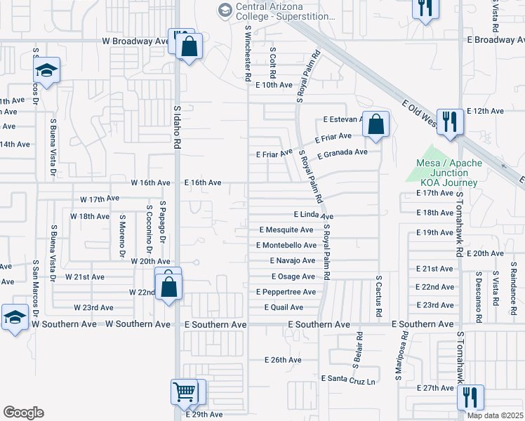map of restaurants, bars, coffee shops, grocery stores, and more near 476 East Linda Avenue in Apache Junction