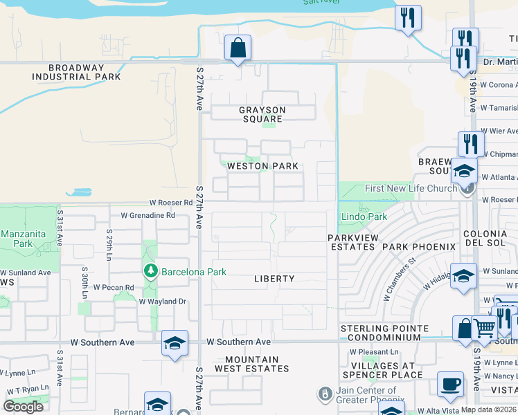 map of restaurants, bars, coffee shops, grocery stores, and more near 2520 West Grenadine Road in Phoenix