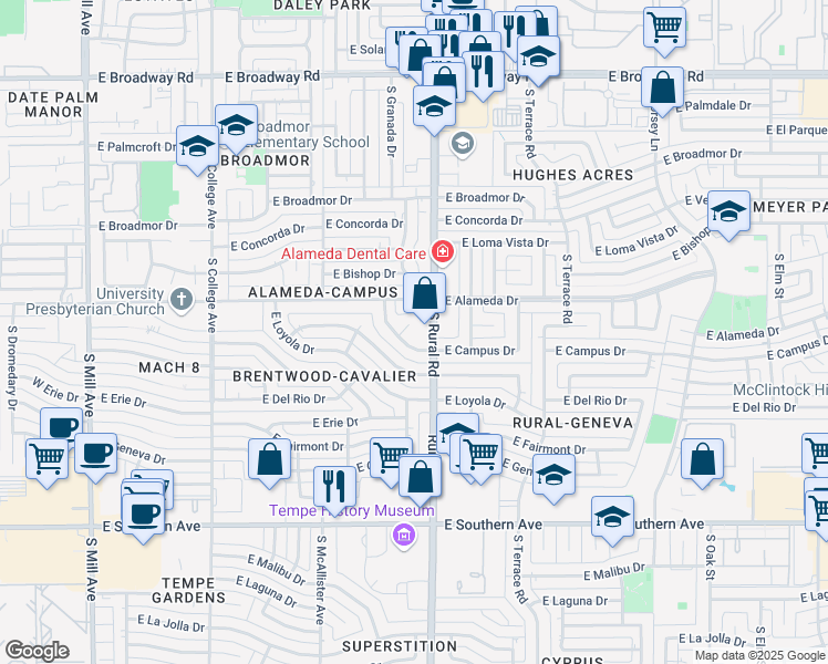 map of restaurants, bars, coffee shops, grocery stores, and more near 804 East Campus Drive in Tempe