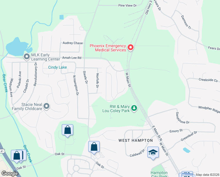 map of restaurants, bars, coffee shops, grocery stores, and more near 261 Norfolk Drive in Hampton
