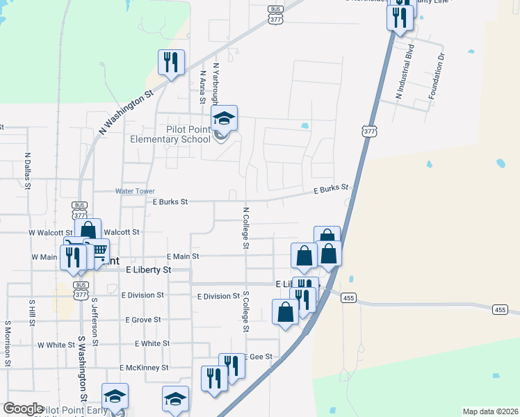 map of restaurants, bars, coffee shops, grocery stores, and more near 700 East Walcott Street in Pilot Point