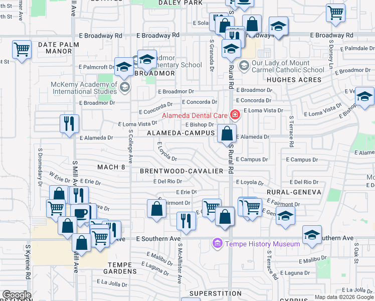 map of restaurants, bars, coffee shops, grocery stores, and more near 513 East Wesleyan Drive in Tempe
