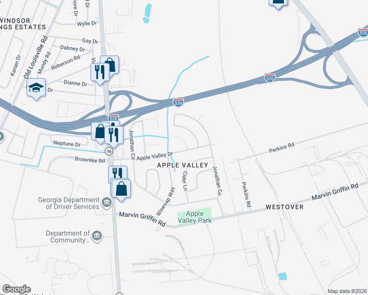 map of restaurants, bars, coffee shops, grocery stores, and more near 1618 Apple Valley Drive in Augusta