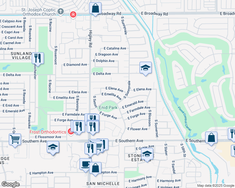 map of restaurants, bars, coffee shops, grocery stores, and more near 5346 East Emelita Avenue in Mesa