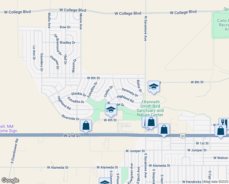 map of restaurants, bars, coffee shops, grocery stores, and more near 604 Canoncito Drive in Roswell