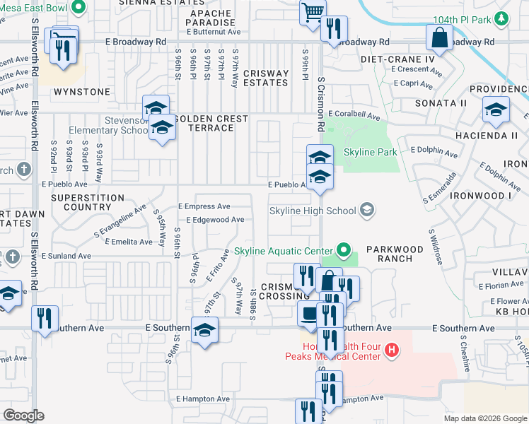 map of restaurants, bars, coffee shops, grocery stores, and more near 842 South Cerise in Mesa
